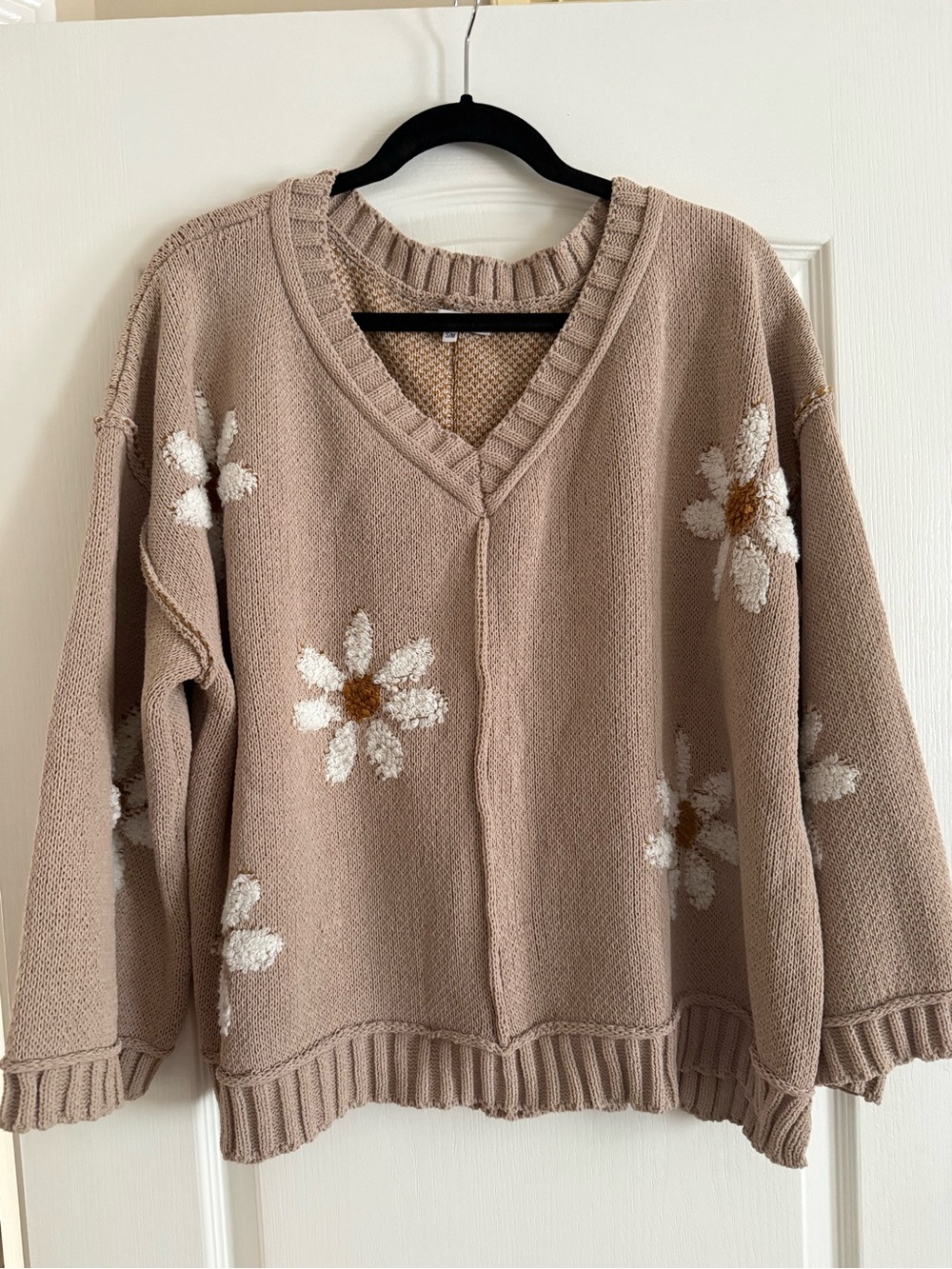 Miracle Taupe V-Neck Knit Sweater with White Daisy Embroidery - Picture 2 of 7